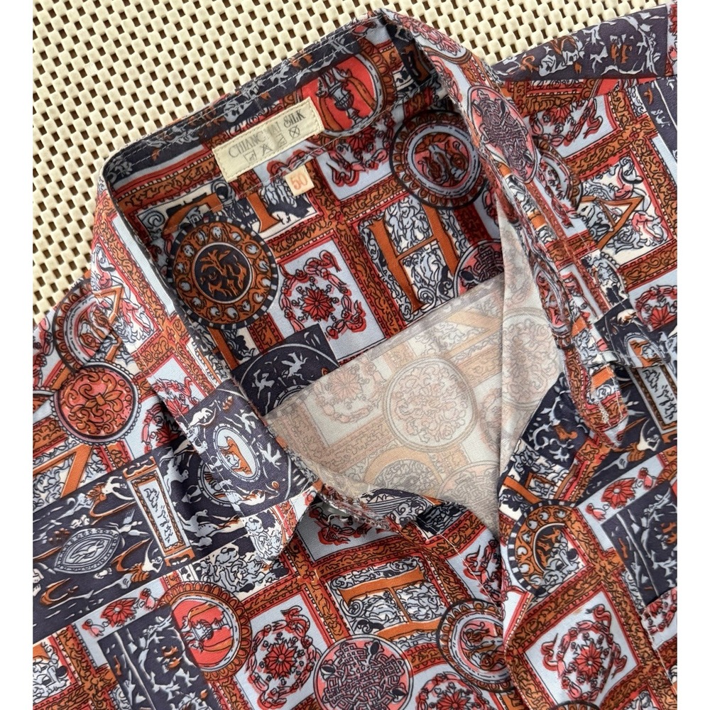 Mens Vintage Chiangmai Silk Short Sleeve Geometric Shirt Size 50 2XL 80s 90s Y2K